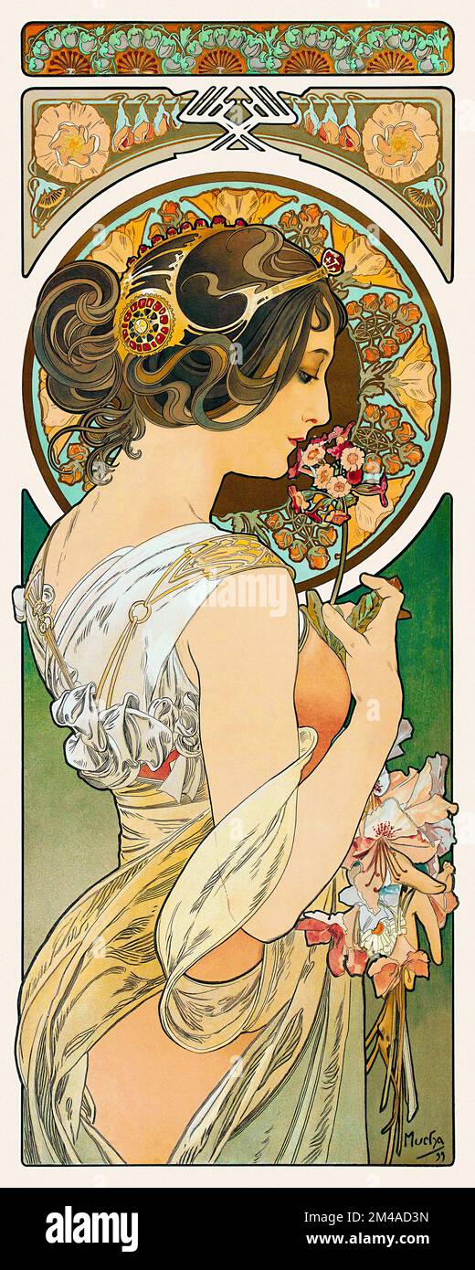 La primevère von Alphonse Mucha (1860-1939). Poster wurde 1899 in Frankreich veröffentlicht. Stockfoto