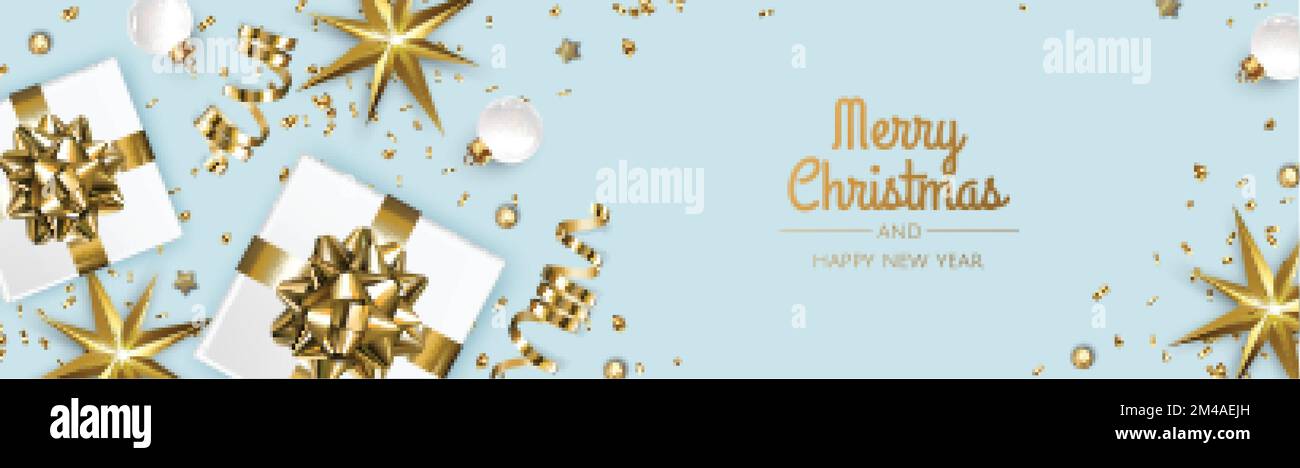 Frohe Weihnachten und Frohes neues Jahr. Weihnachten festlicher Hintergrund mit realistischen 3D-Objekten, Geschenkbox, Goldkugeln. Stock Vektor