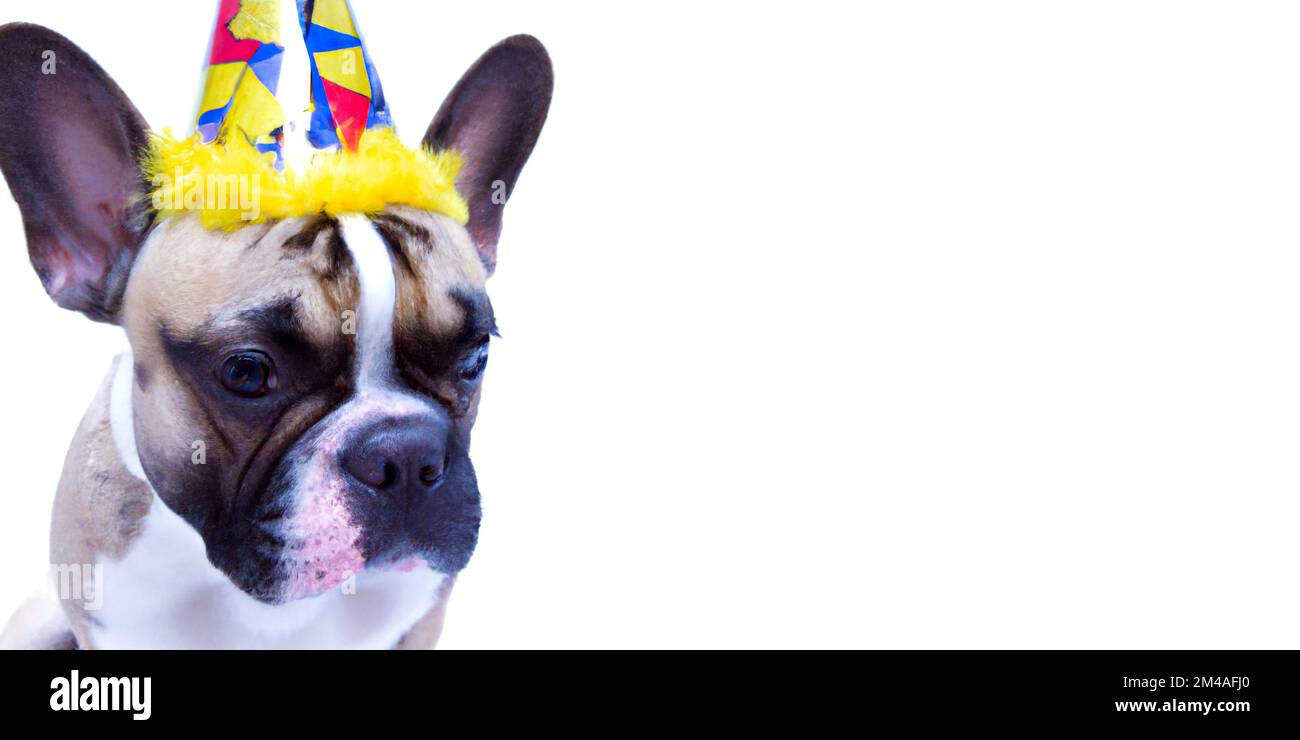 Französischer Bulldog mit Hut für eine festliche Party – 3D Illustration auf weißem Hintergrund mit Platz für Ihren Text oder Ihr Design Stockfoto