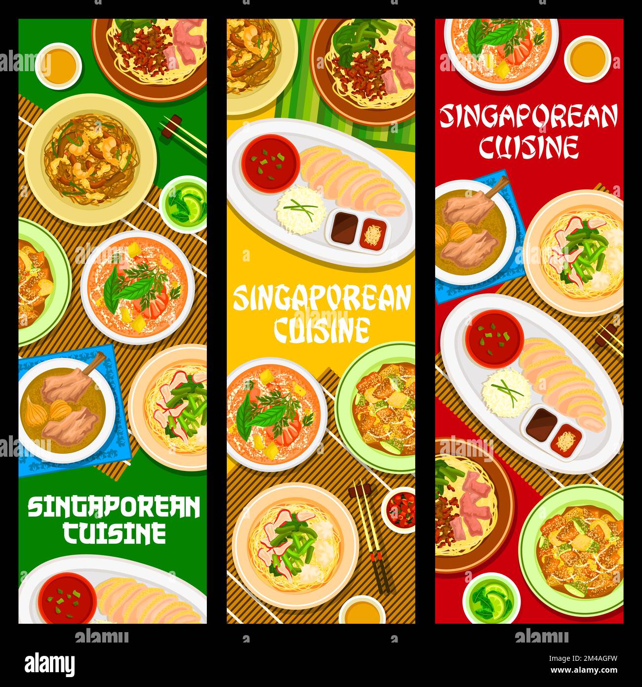 Banner, Gerichte und Mahlzeiten für die Küche Singapurs, traditionelles asiatisches Mittag- oder Abendessen. Singapur Küche authentischer Reis mit Hühnchen, Nudelsuppe mit Wontons und Schweinerippchen Fleisch mit Hühnchen Stock Vektor