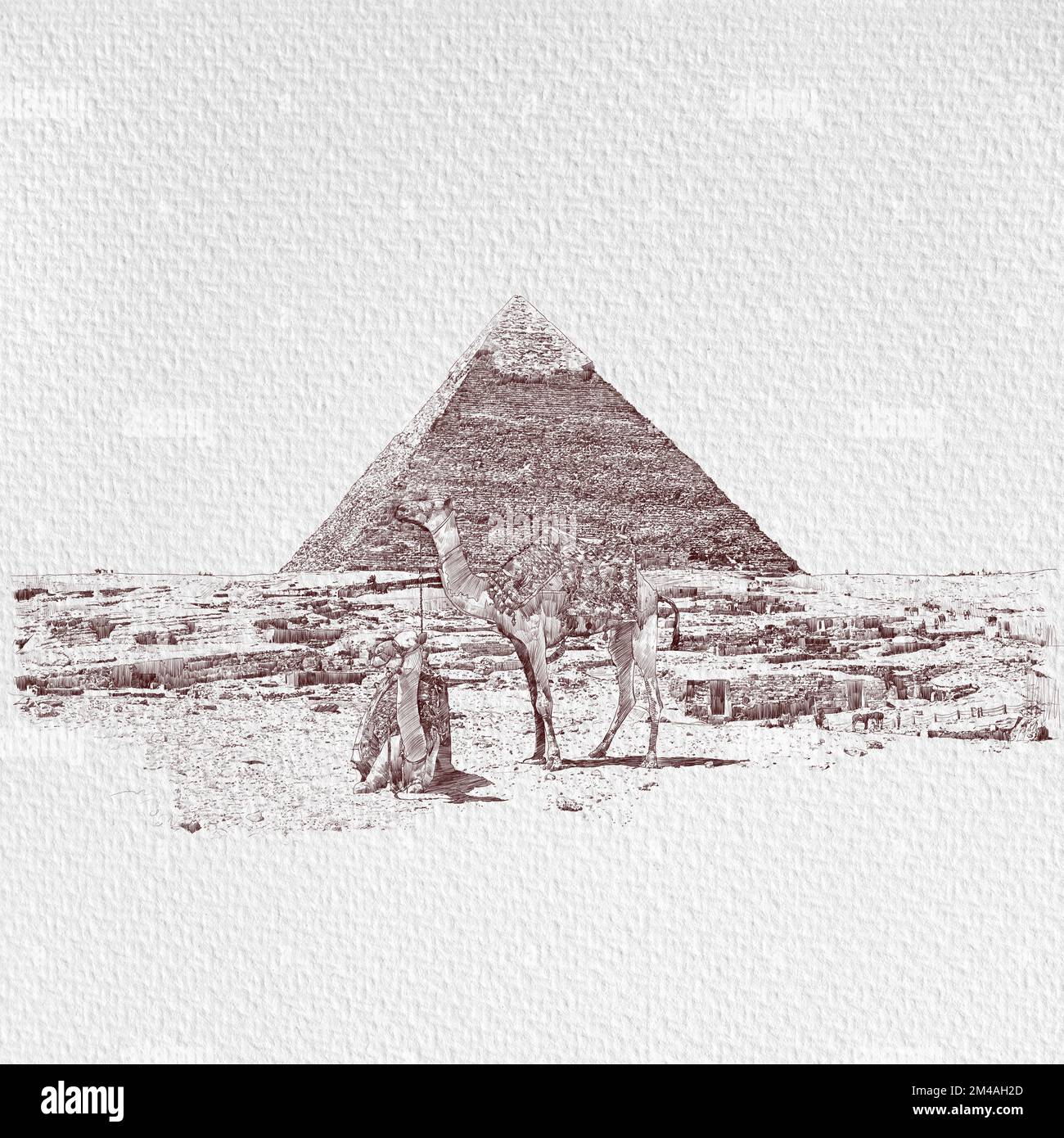 Kamel in der Nähe der Pyramiden in der heißen Wüste Ägyptens, Kamel ruht in der Nähe der Ruinen Pyramide Ägyptens, Ägypten, handgezeichnete Illustration, ägyptische Umwelt-Fantasien, Kunst Stockfoto