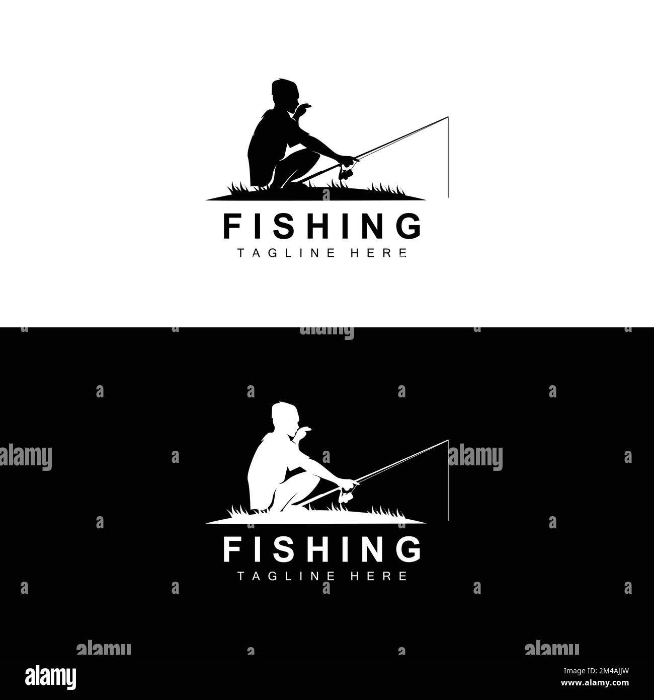 Angeln Logo Symbol Vektor, fangen Fische auf dem Boot, Outdoor Sonnenuntergang Silhouette Design Stock Vektor