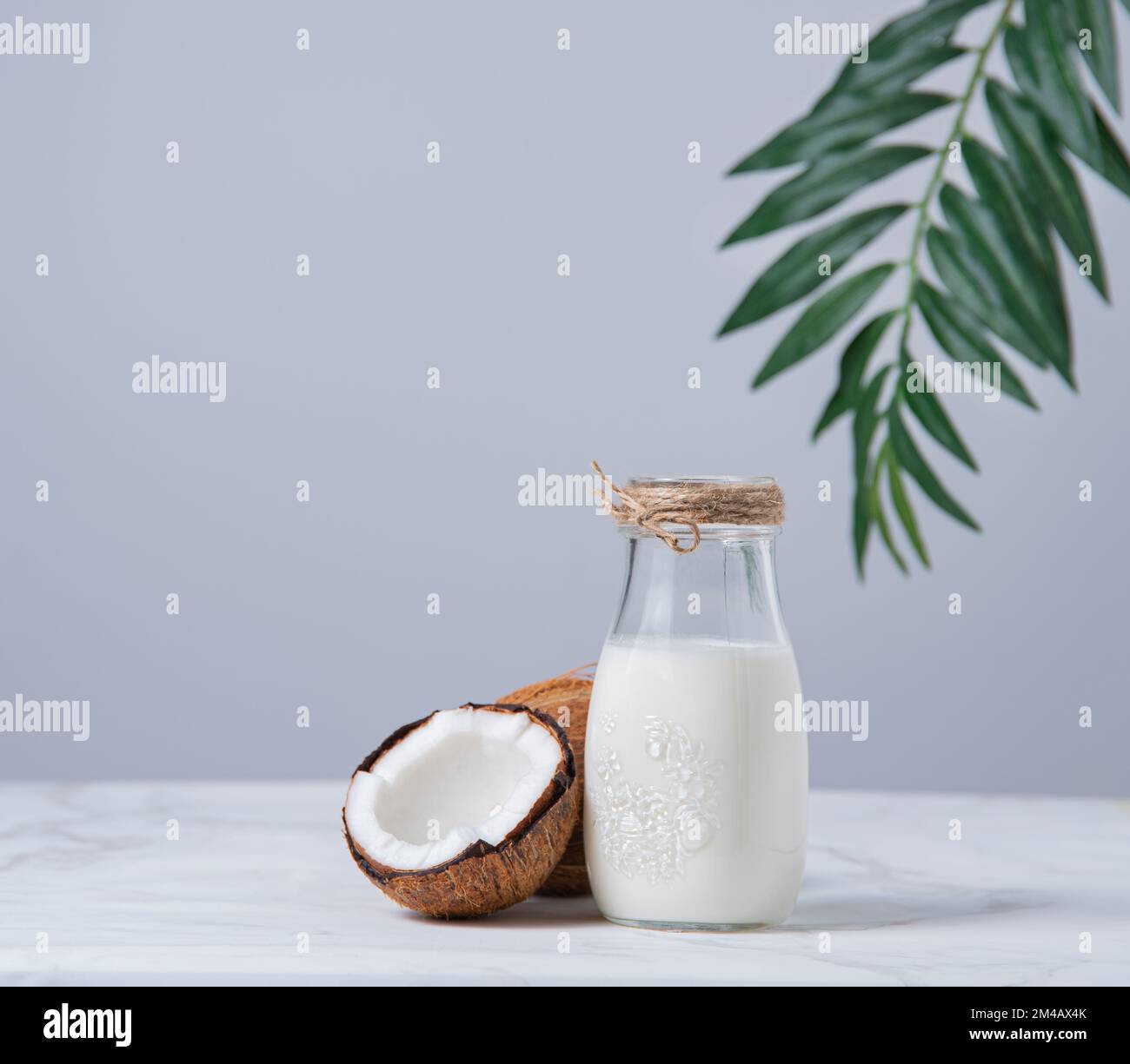 Glas vegane Milchflasche auf weißem Marmortisch mit halber Kokosnuss und Palmenzweig. Vorderansicht und Bild im Kopierbereich Stockfoto