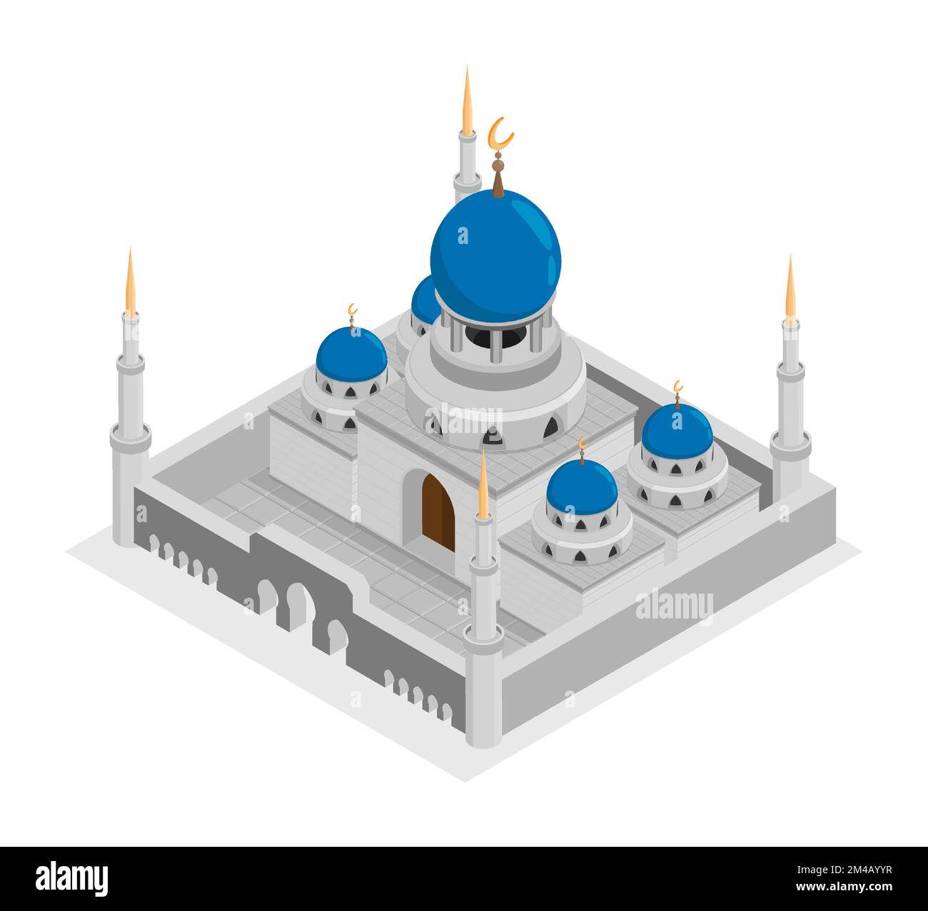 Antiker isometrischer Tempel mit hohen Türmen, muslimische Moschee-Fassade mit Steinwänden, Kuppel und Sichelsymbol oben. Religiöses Gebetsgebäude. Rea Stock Vektor