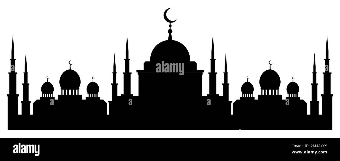 Horizontales schwarz-weißes Banner mit Silhouette der moslemischen Fassade, Kuppel und Sichelsymbol oben. Religiöses Gebäude für Gebete. Vecto Stock Vektor