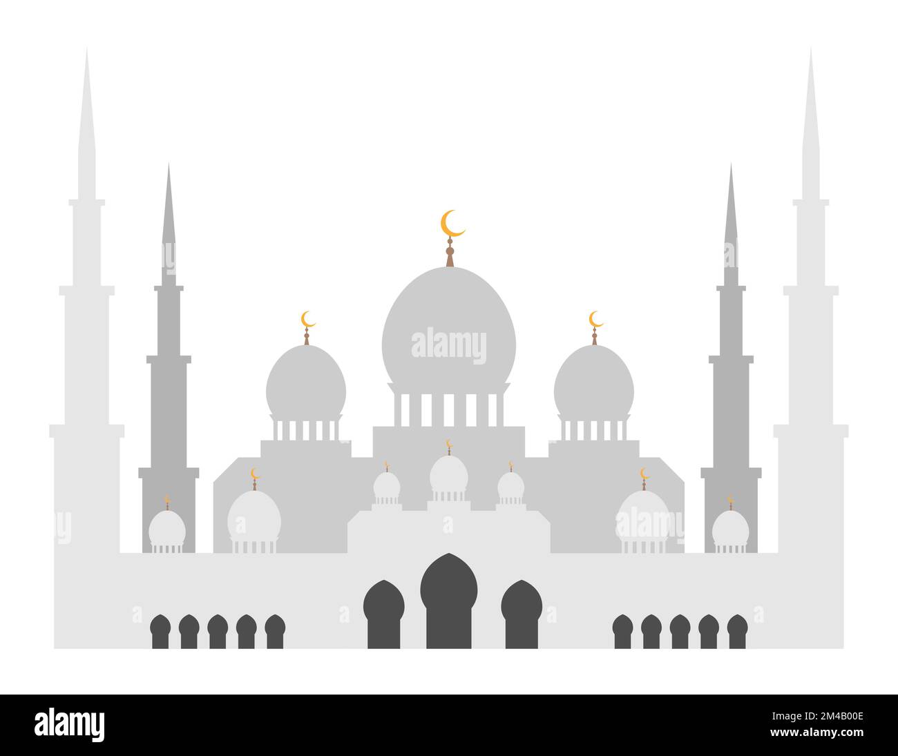 Antiker Tempel mit hohen Türmen, muslimische Moschee-Fassade mit Steinwänden, Kuppel und Sichelsymbol oben. Religiöses Gebäude für Gebete. Vektor i Stock Vektor