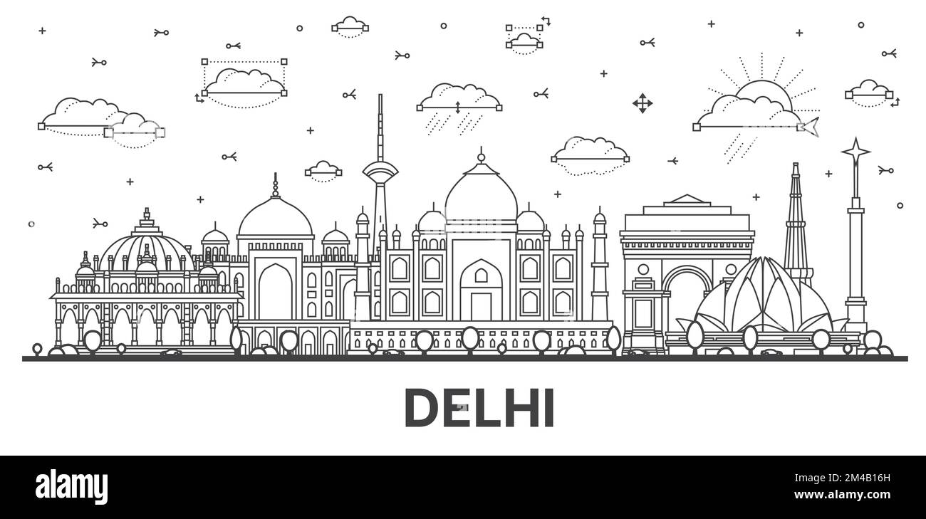 Umrisse Delhi Indien Skyline der Stadt mit historischen Gebäuden isoliert auf Weiss. Vector Illustration. Delhi Stadtbild mit Sehenswürdigkeiten. Stock Vektor