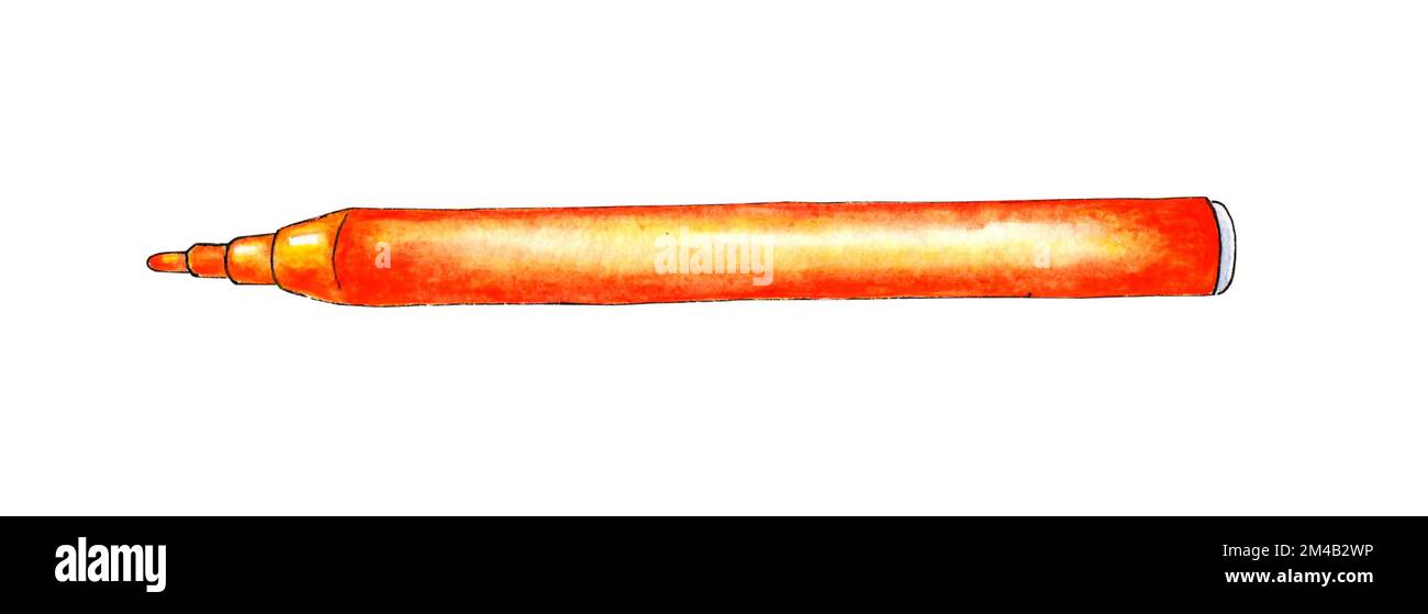 Aquarelle Darstellung eines orangefarbenen Filzstifts ohne Kappe. Marker für die Kreativität von Kindern. Arbeitsgerät. "Back to School" Schreibzubehör für Po Stockfoto