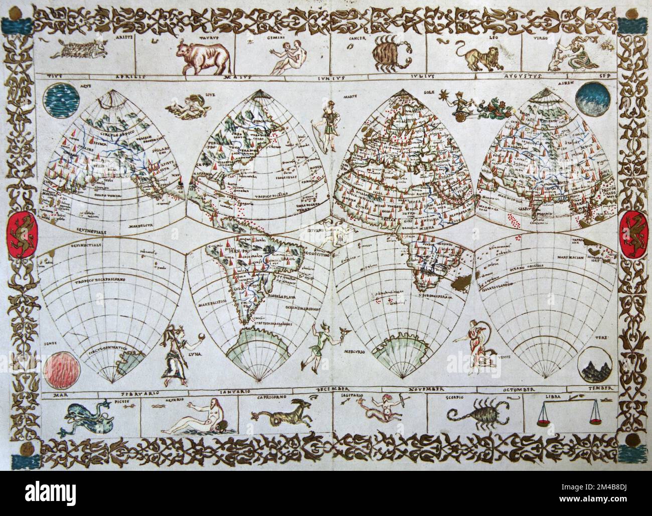 Gore Weltkarte des italienischen Kartographen Francesco Ghisolfo, 1550s Stockfoto