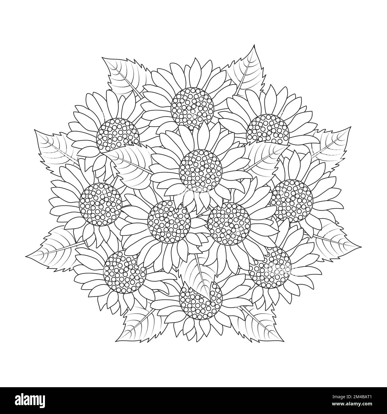 Sonnenblumenvektorumriss Farbseite der blühenden Blütenblätter und hinterlässt eine Illustration der Blüten Stock Vektor