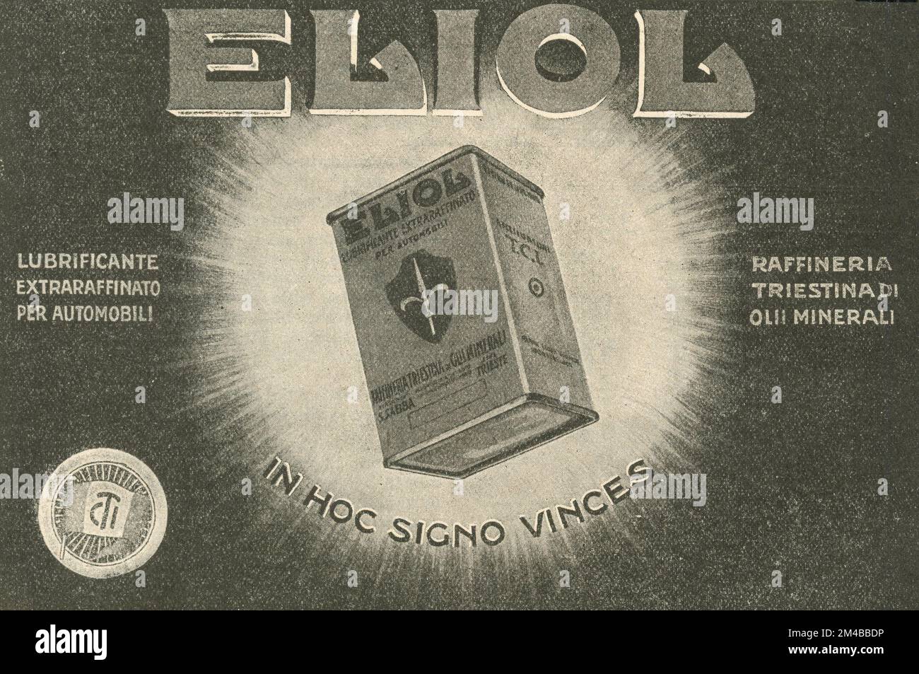 Vintage-Zeitungsanzeige von Eliol OIL, Italien 1920er Stockfoto