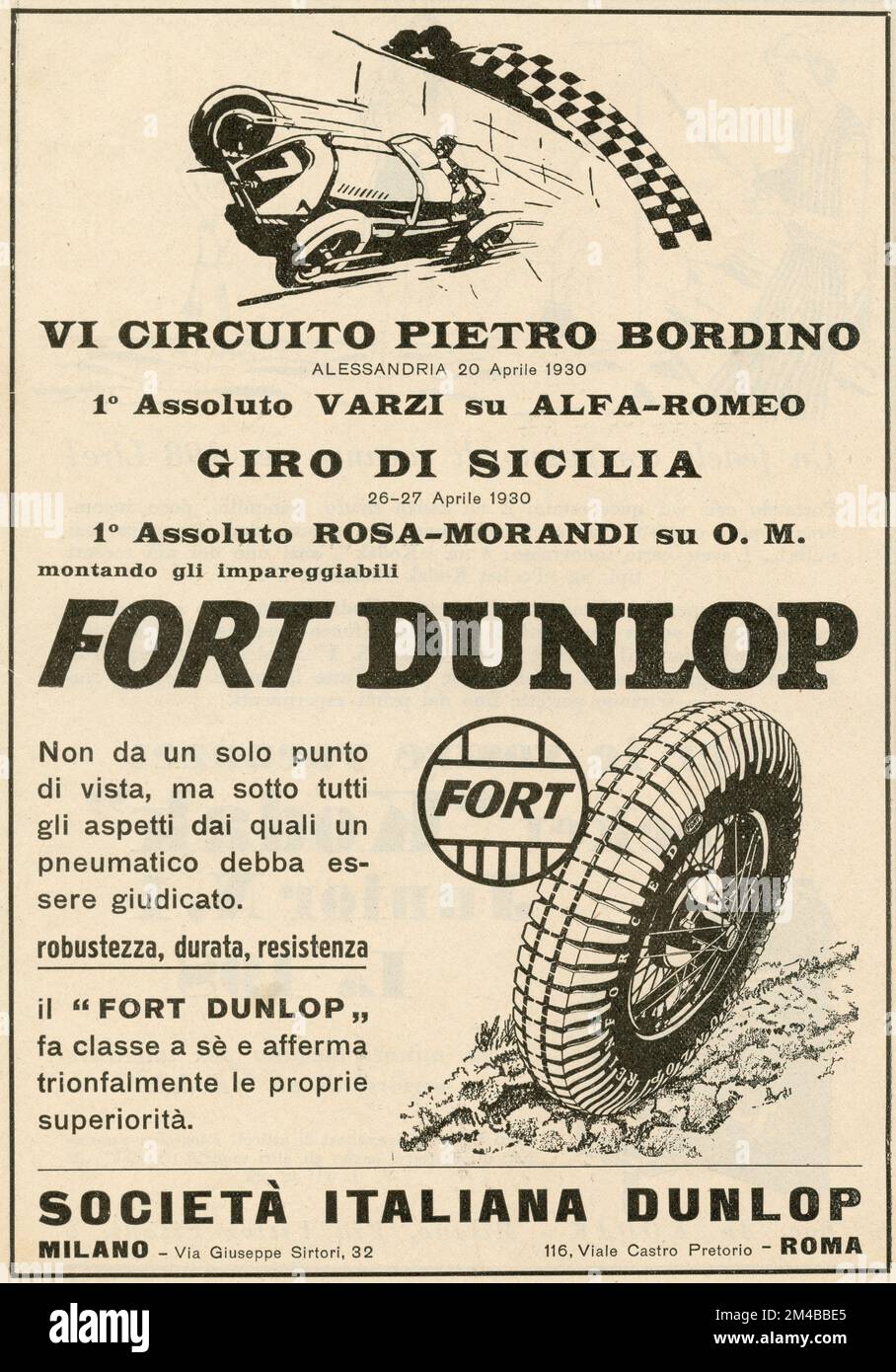 Oldtimer-Anzeige von Dunlop Tires, Italien 1920er Stockfoto