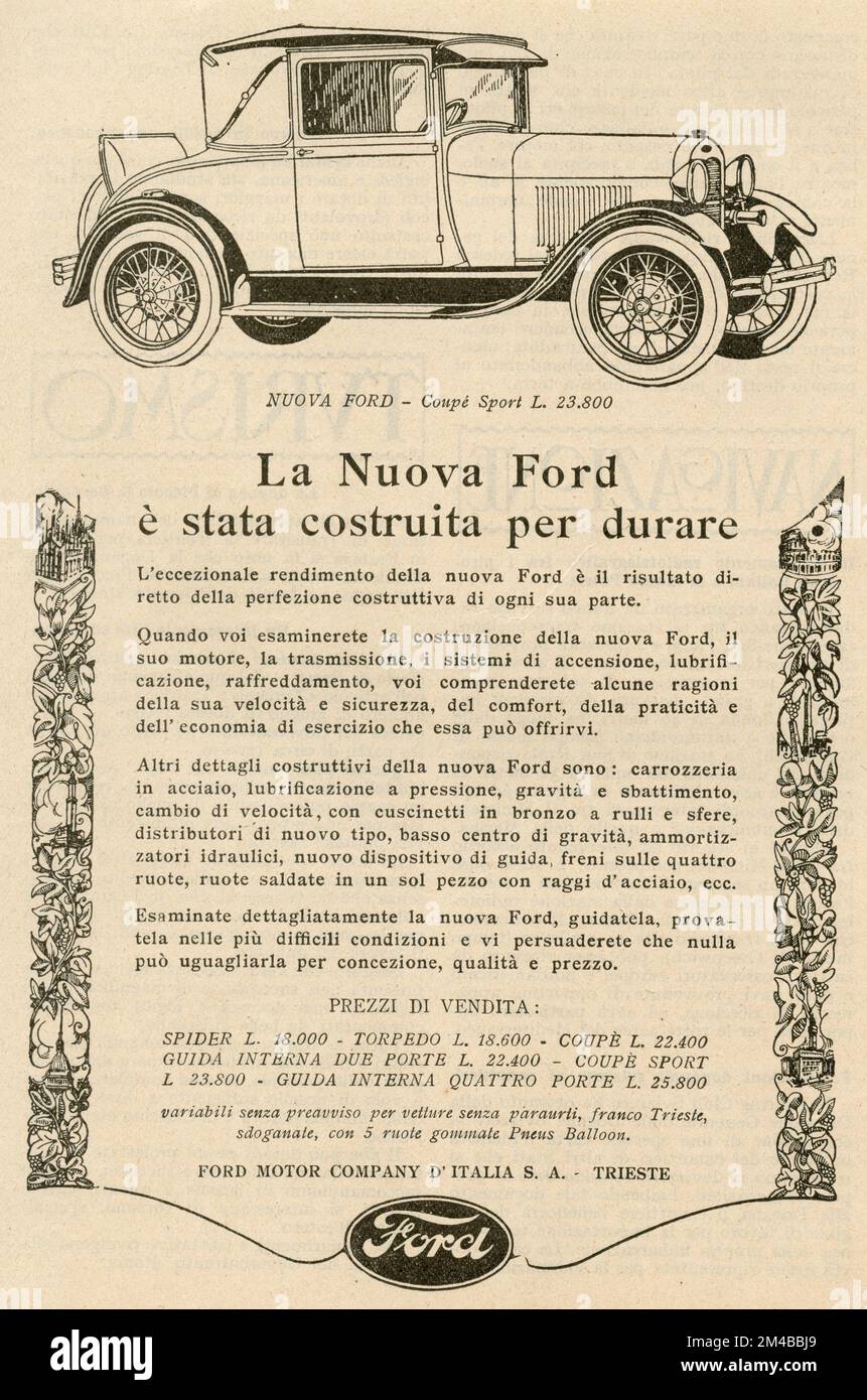 Vintage-Zeitungsanzeige des Ford Coupé Sportwagens, Italien 1920er Stockfoto