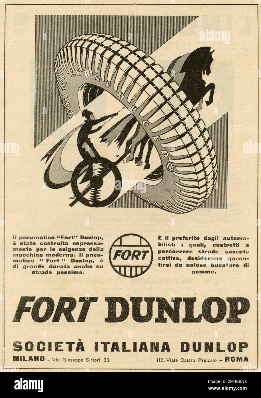 Vintage-Zeitungsanzeige von Dunlop Fort Tires, Italien 1920er Stockfoto