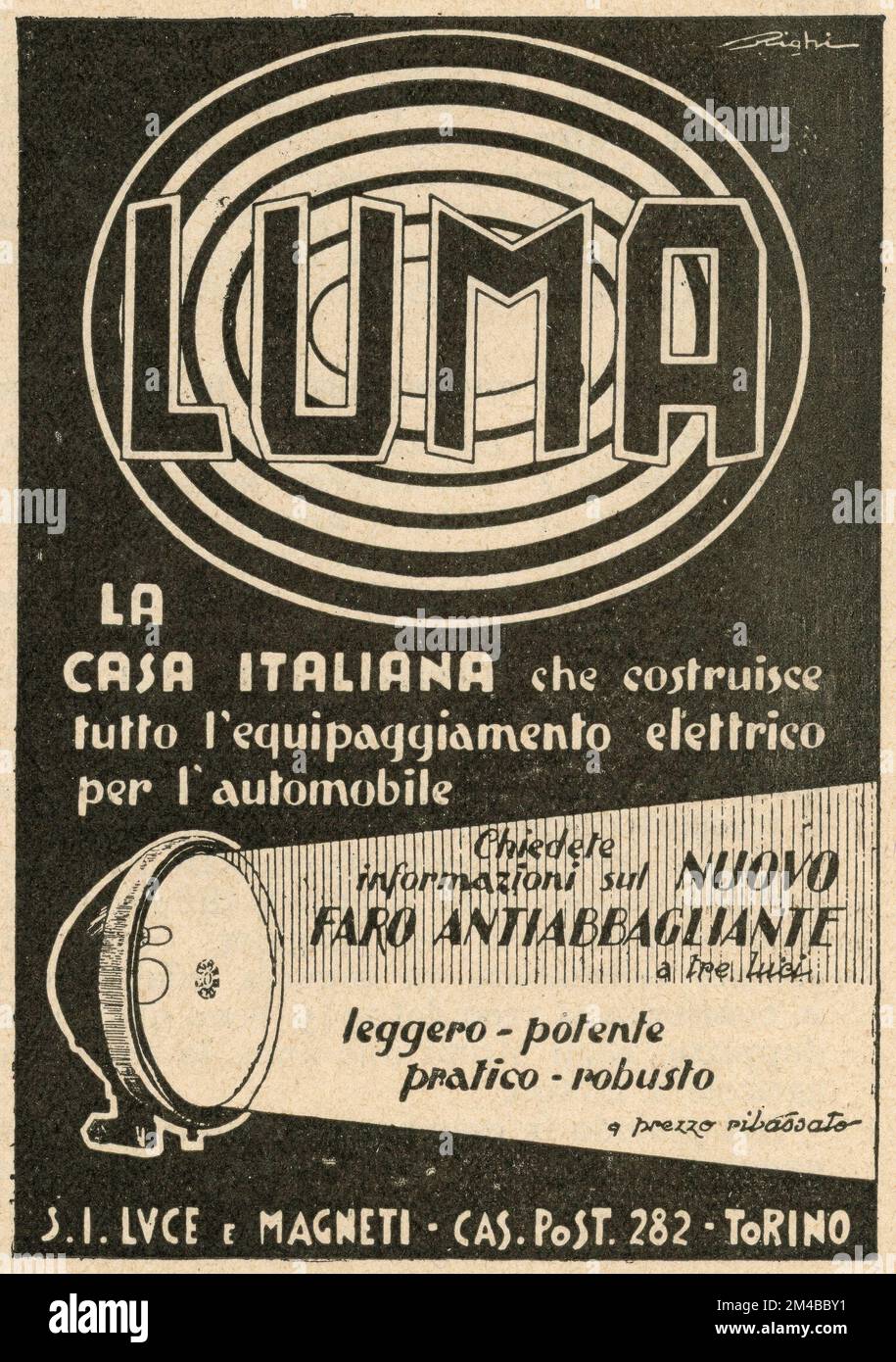 Oldtimer-Werbespot über Luma-Autolampen, Italien 1910er Stockfoto