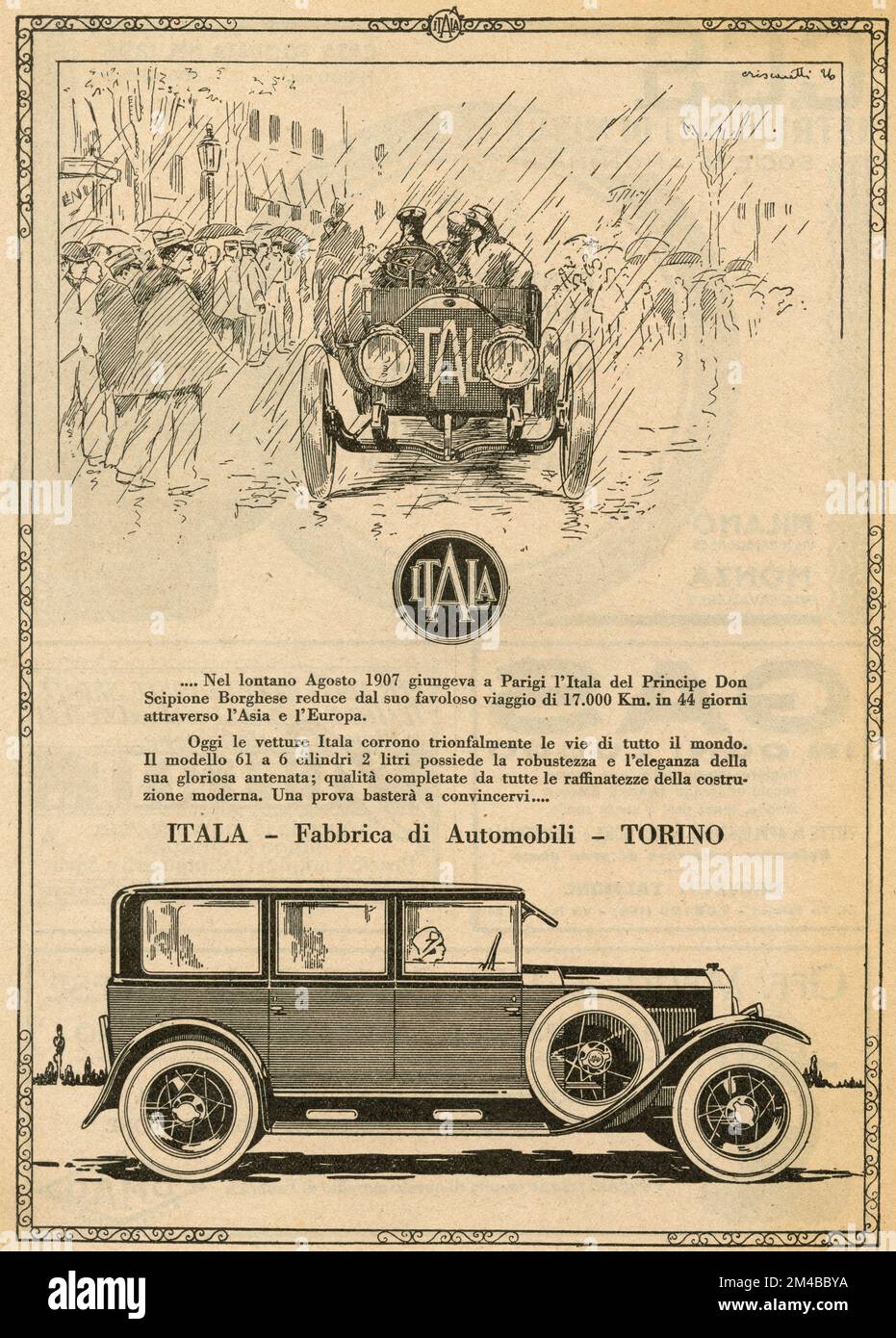 Oldtimer-Werbespot über das Auto von Itala, Italien 1920er Stockfoto