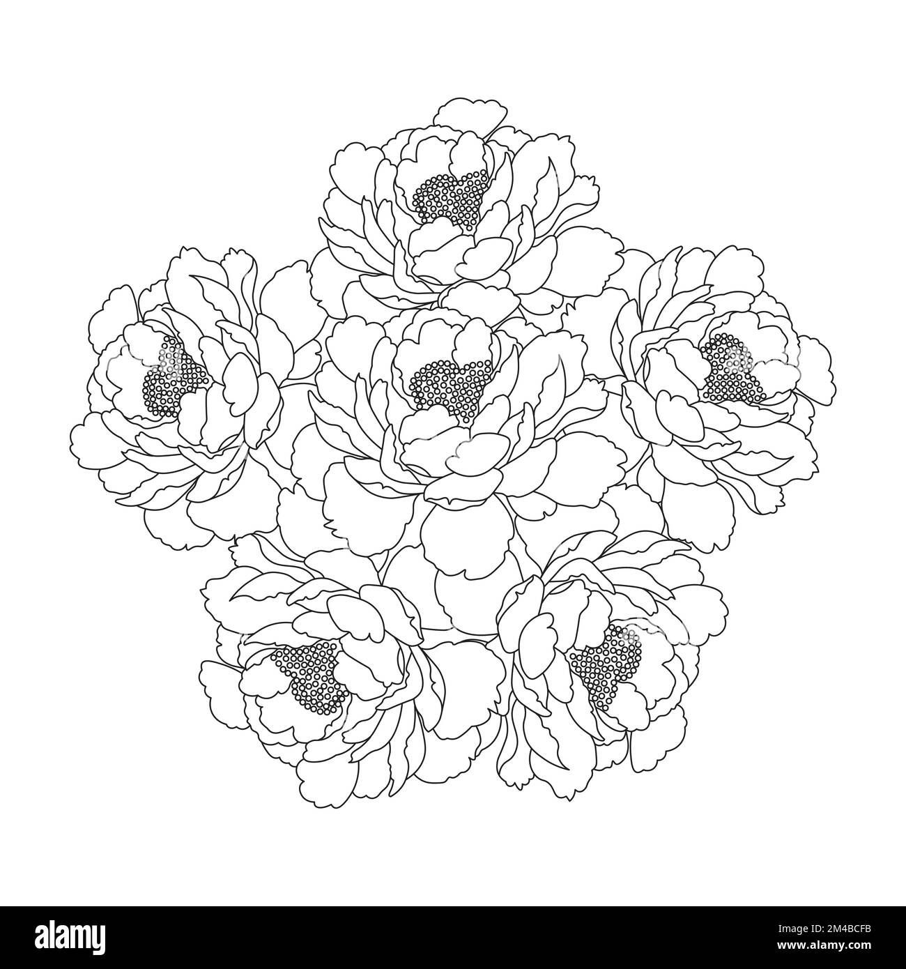 Pfingstrosen-Blumenstrauß Doodle Art der Blumenfärbung Seitenumriss Vektorgrafik isolierter Hintergrund Stock Vektor