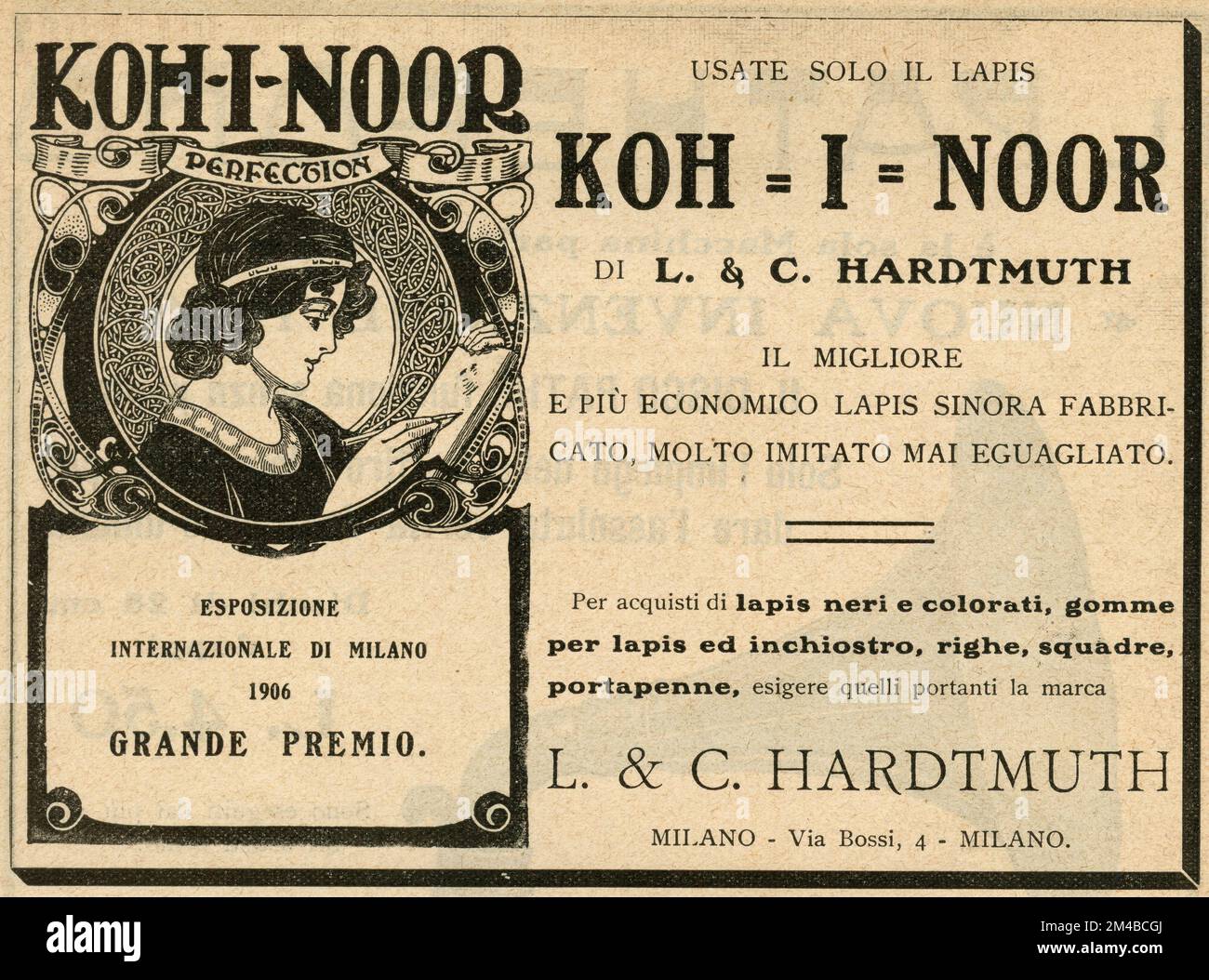 Vintage-Zeitungsanzeige von Koh-I-Noor Pencil, Italien 1900er Stockfoto