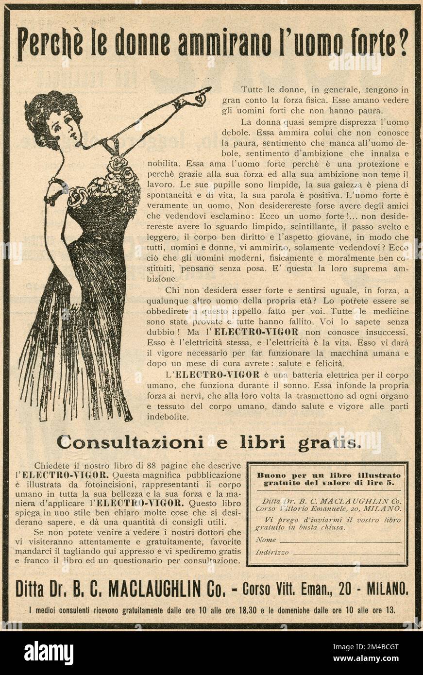 Vintage-Zeitungsanzeige von Electro-Vigor Healer, Italien 1930er Stockfoto