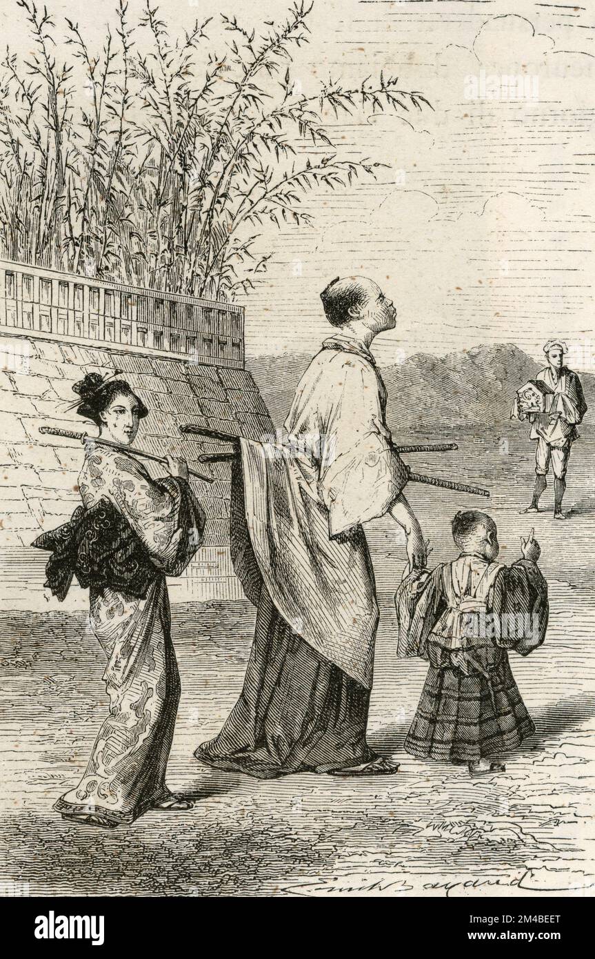 Samurai-Kind, gefolgt von seiner Schwester, die sein Schwert bringt, Japan, Abbildung 1871 Stockfoto