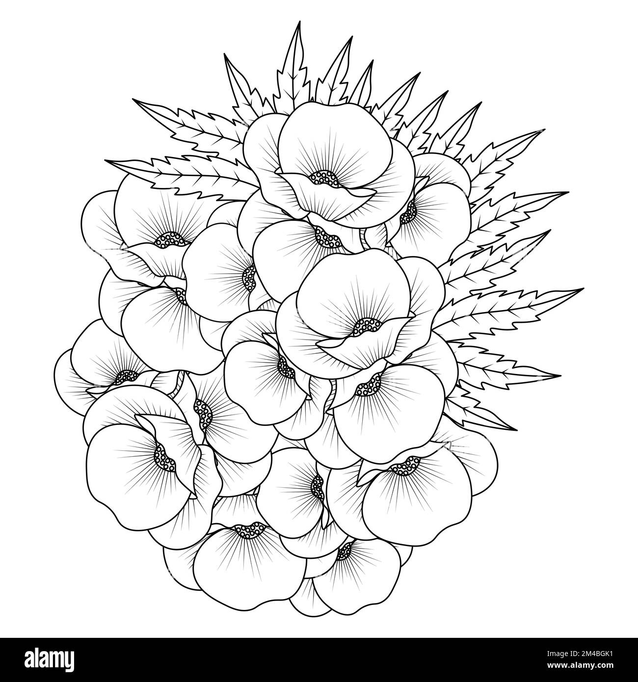 Mohnblumen Liniendesign der Farbseite Blume mit detaillierter Linienart-Vektorgrafik Stock Vektor