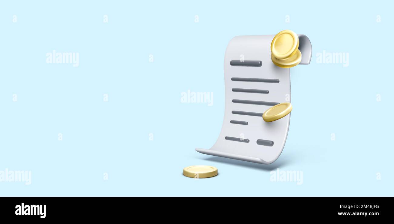 3D-Dollar-Kassenzettel in Cartoon-Stil. Papierschein mit Goldmünze. Business-Design-Element für Banner und Poster. Vektordarstellung Stock Vektor