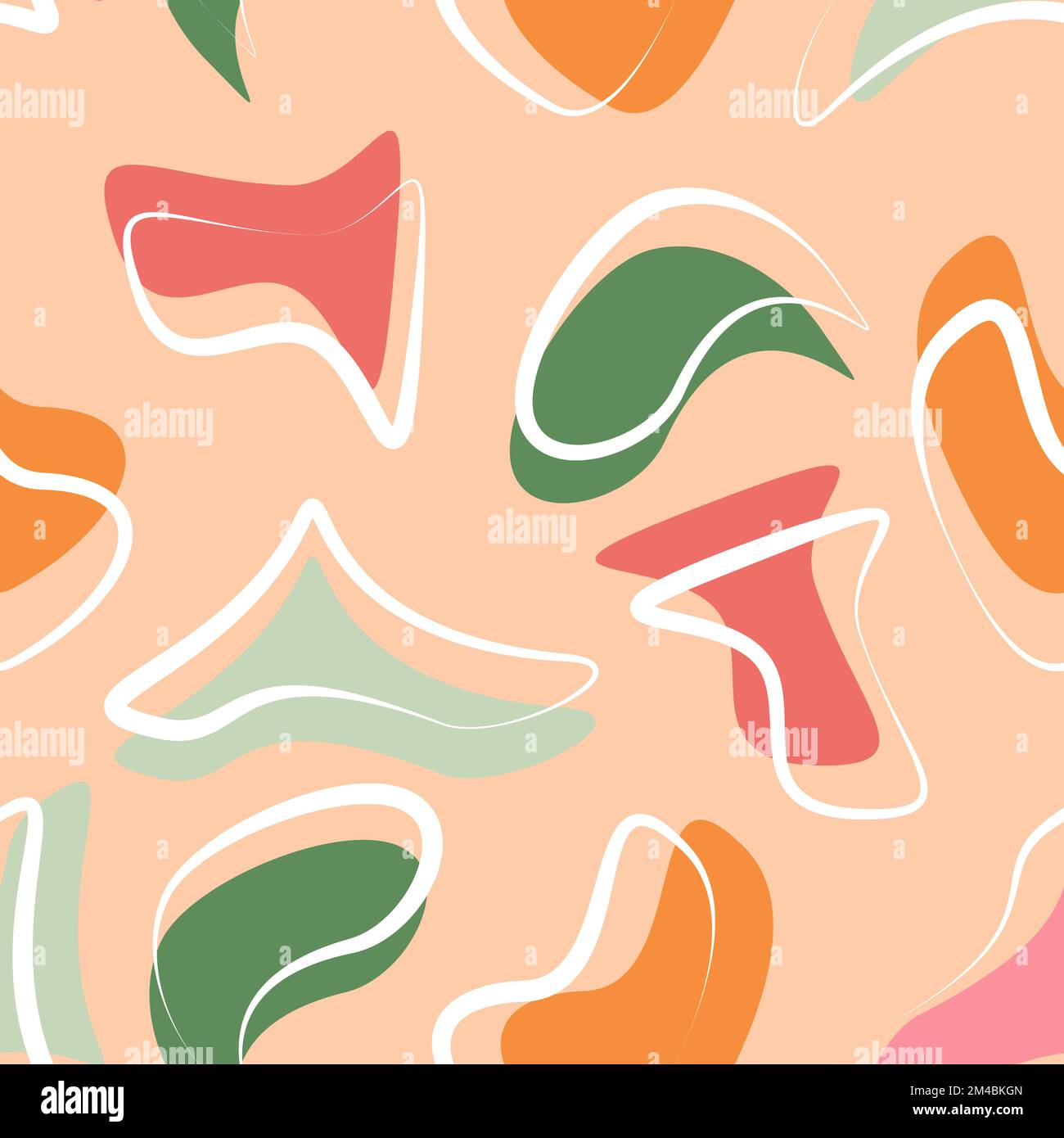 Abstraktes nahtloses Muster von farbigen organischen Formen, Flecken und weißen Pinselstrichen, Herbstfarben. Poster, Einband, Inneneinrichtung, Textilwaren Stock Vektor