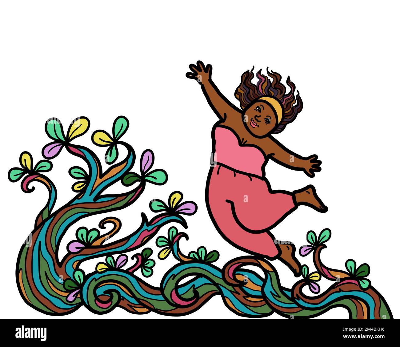 Eine junge, fröhliche, schwarze afrikanische Frau, der Arm mit Baumwipfelhintergrund gehoben ist. Zufriedenheit fröhlich mit Umweltkonzept. Stockfoto