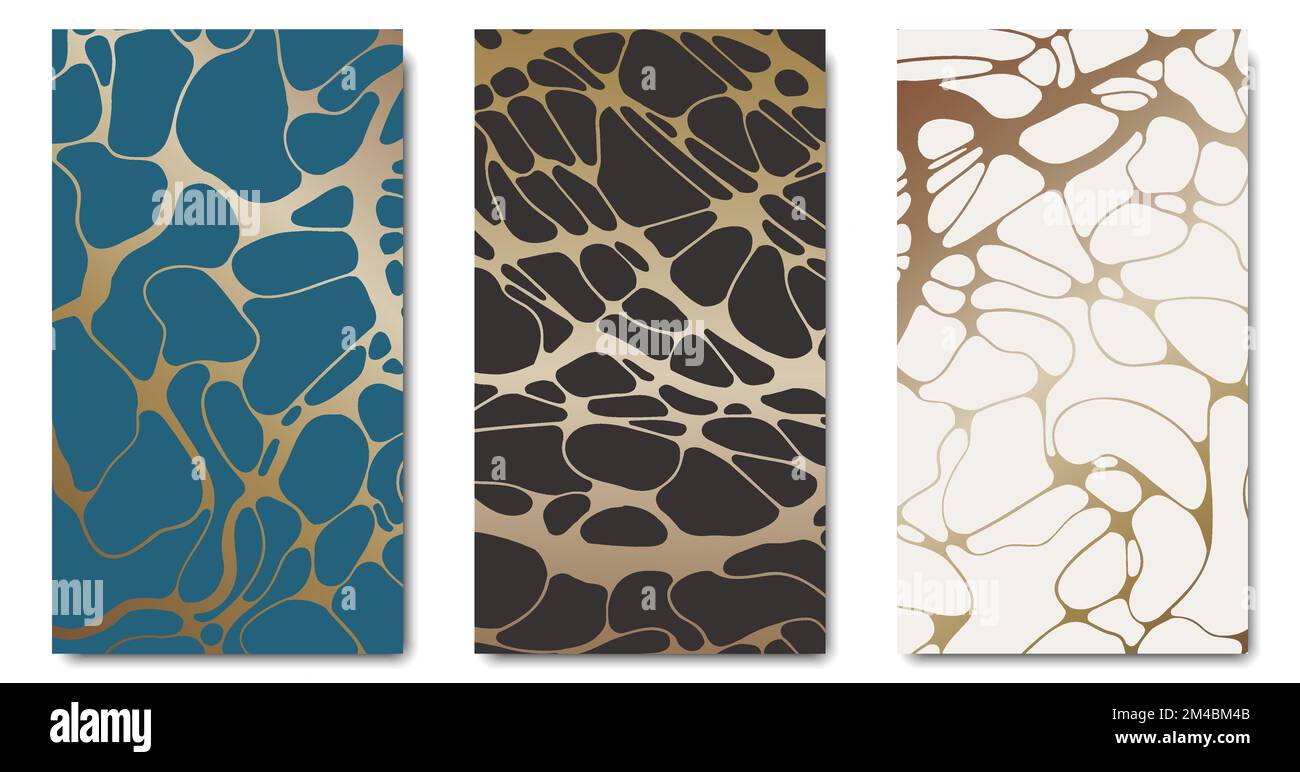 Goldene kintsugi-Abdeckungen. Fliud, japanische Ozeanwellen, klassisches Muster. Struktur gebrochen und zusammengeschoben. Hintergrund mit Risseffekt. Wandbilder, Poster, h Stock Vektor