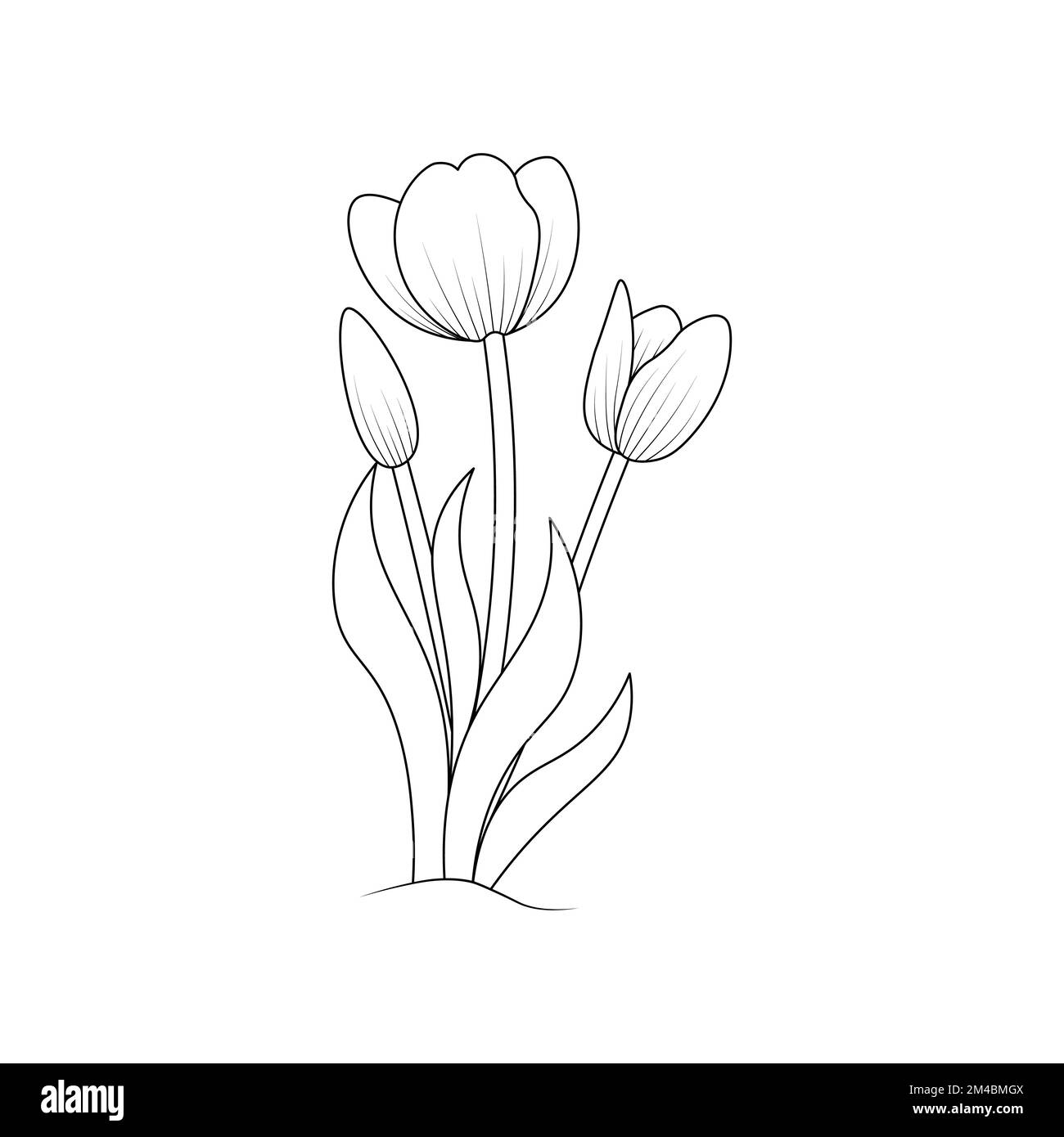 tulpenblüten-Farbseitendesign für Buchdruckvorlagen mit schwarzem Strich Stock Vektor