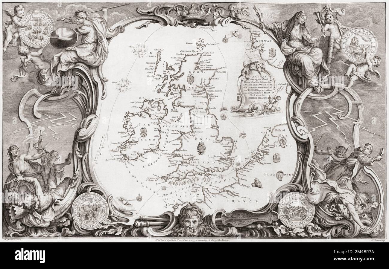 Eine Karte mit Zierelementen, die auf legorische Weise dekoriert ist und den Verlauf der unglückseligen spanischen Armada um die britischen Inseln und Irland nach ihrem erfolglosen Versuch der Invasion Englands im Jahr 1588 zeigt. Nach einer Gravur von John Pine nach einer Zeichnung von H. Gravelot, datiert von 1739. Stockfoto
