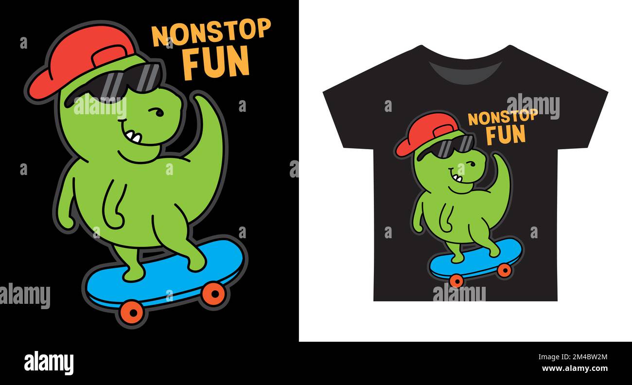 Lustiger Dino-Skateboard-Cartoon mit Typografie-Illustration für Kinder-T-Shirt Stock Vektor