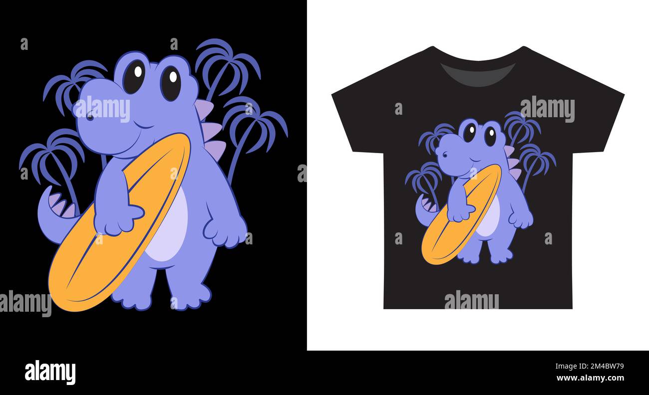 Süßer kleiner Dino mit Surfbrett-Cartoon-Motiv für Kinder-T-Shirt-Design Stock Vektor