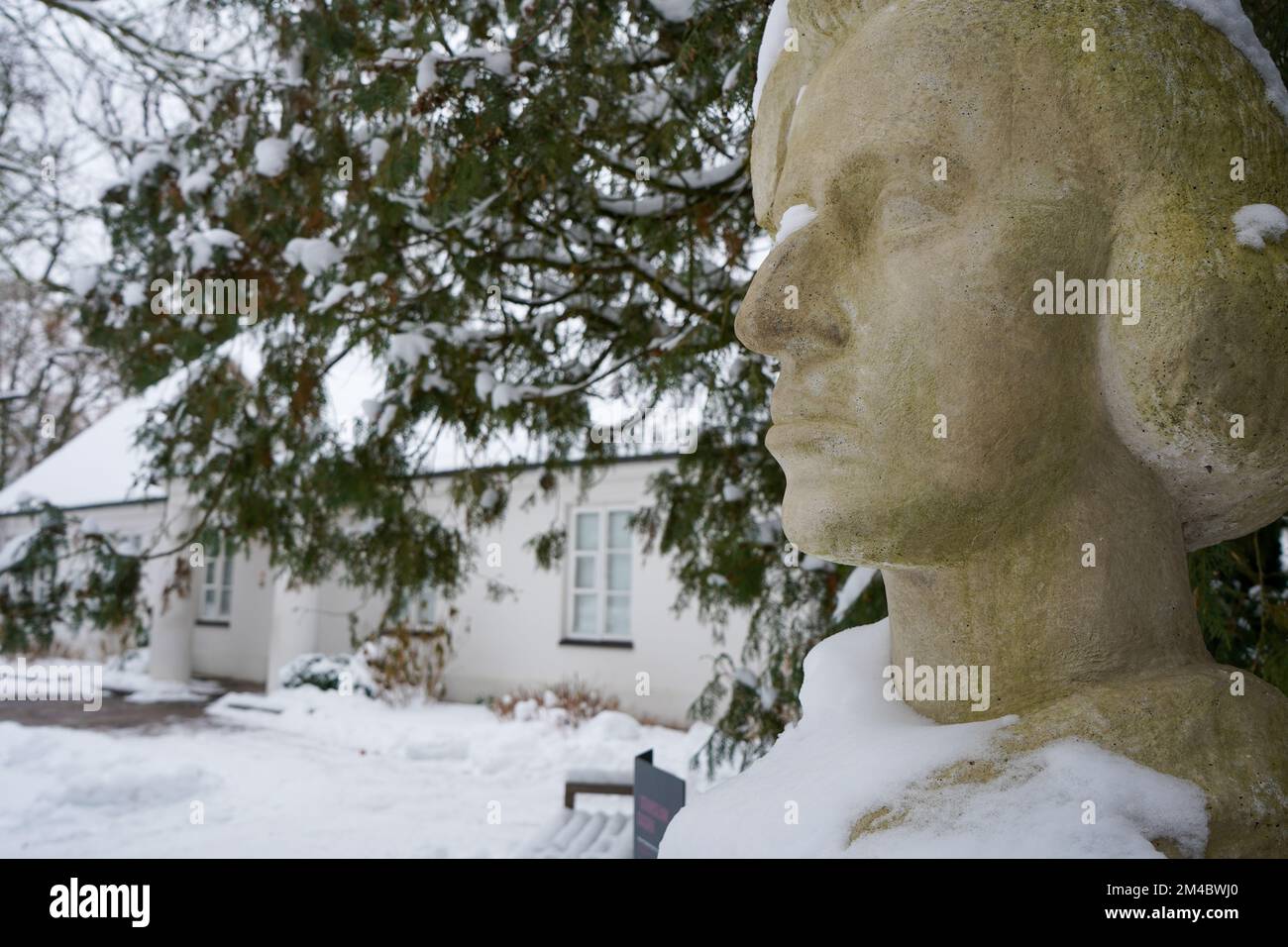 Bedeckt von der schneebedeckten Sandsteinbüste von Frederic Chopin durch Stanisław Sikora vor dem Geburtsort von Chopin in Żelazowa Wola, Polen. Stockfoto