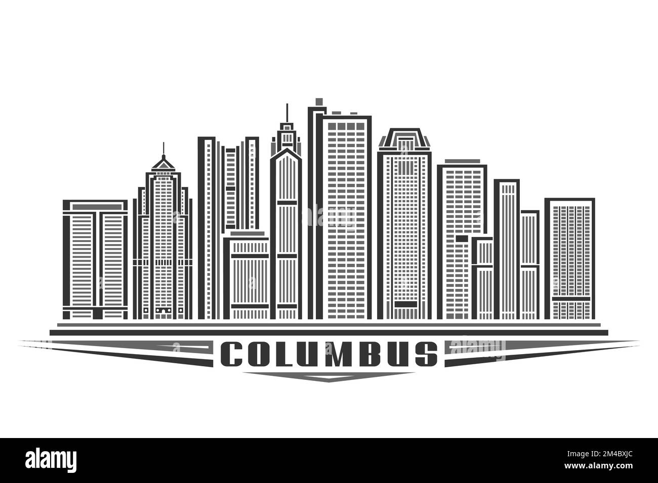 Vektordarstellung von Columbus, monochromes horizontales Schild mit linearem Design, berühmtes stadtbild von columbus, amerikanisches Kunstkonzept mit Dekor Stock Vektor