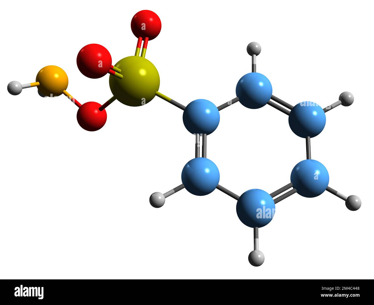 3D-Bild der benzolsulfonamid-Skelettformel - molekularchemische Struktur des auf weißem Hintergrund isolierten benzolsulfonsäureamids Stockfoto