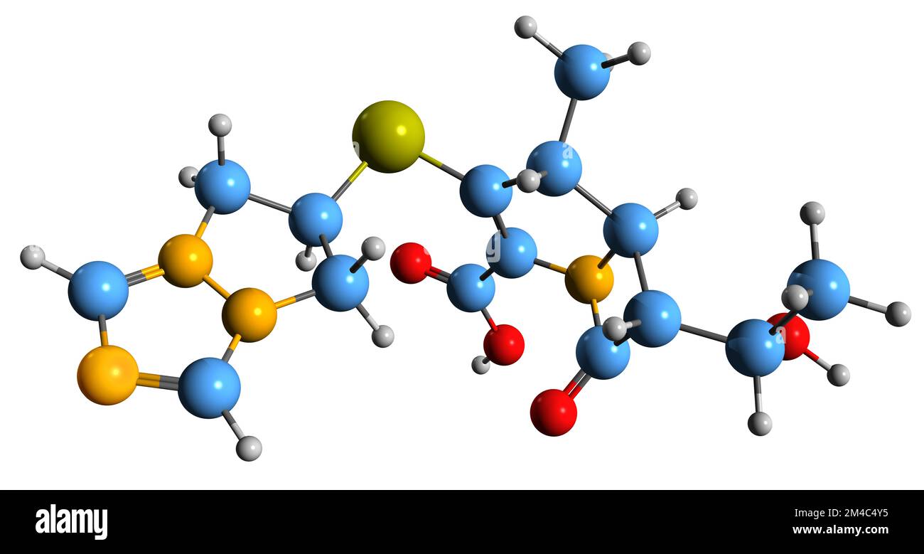 3D-Bild einer Biapenem-Skelettformel - molekularchemische Struktur eines Carbapenem-Antibiotikums, isoliert auf weißem Hintergrund Stockfoto