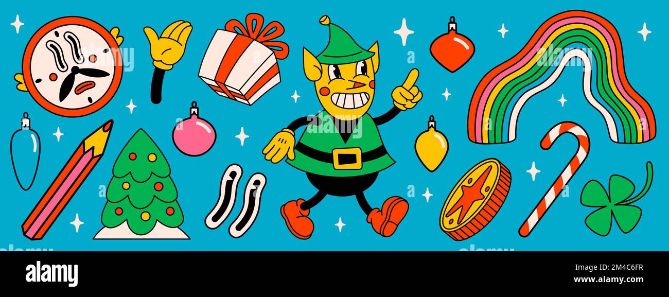 Fröhliche Weihnachten und ein frohes neues Jahr, trendige Cartoon-Charaktere im Retro-Look. Groovy Hippie Weihnachten Santas Elf und Winterobjekte. Vektor-Cartoon-Figuren Stock Vektor