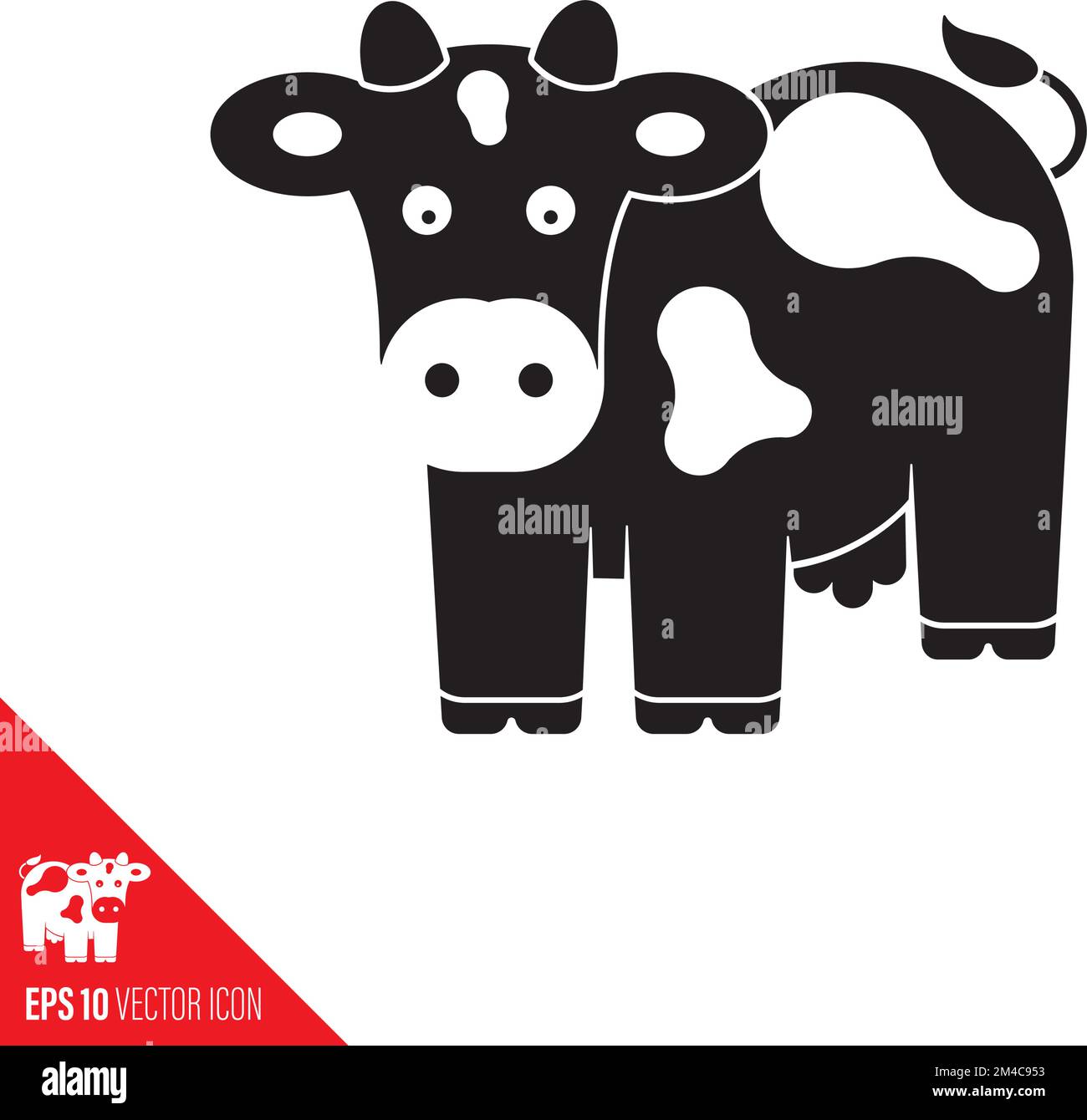Süße Holstein-Kuh-Ikone. Vektorsymbol für Rinder, Milchwirtschaft und Landwirtschaft in Vollschwarz. Stock Vektor
