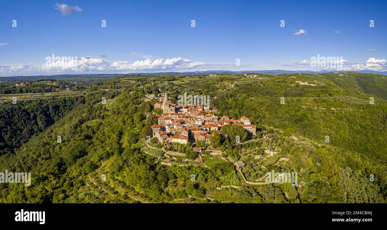 Luftpanorama-Drohnenaufnahme der mittelalterlichen Stadt Groznjan auf der istrischen Halbinsel während des Tages im Sommer Stockfoto