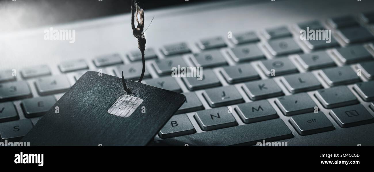 Konzept von Kreditkarten-Phishing, Online-Finanzkriminalität und Datendiebstahl. Banner mit Kopierbereich Stockfoto