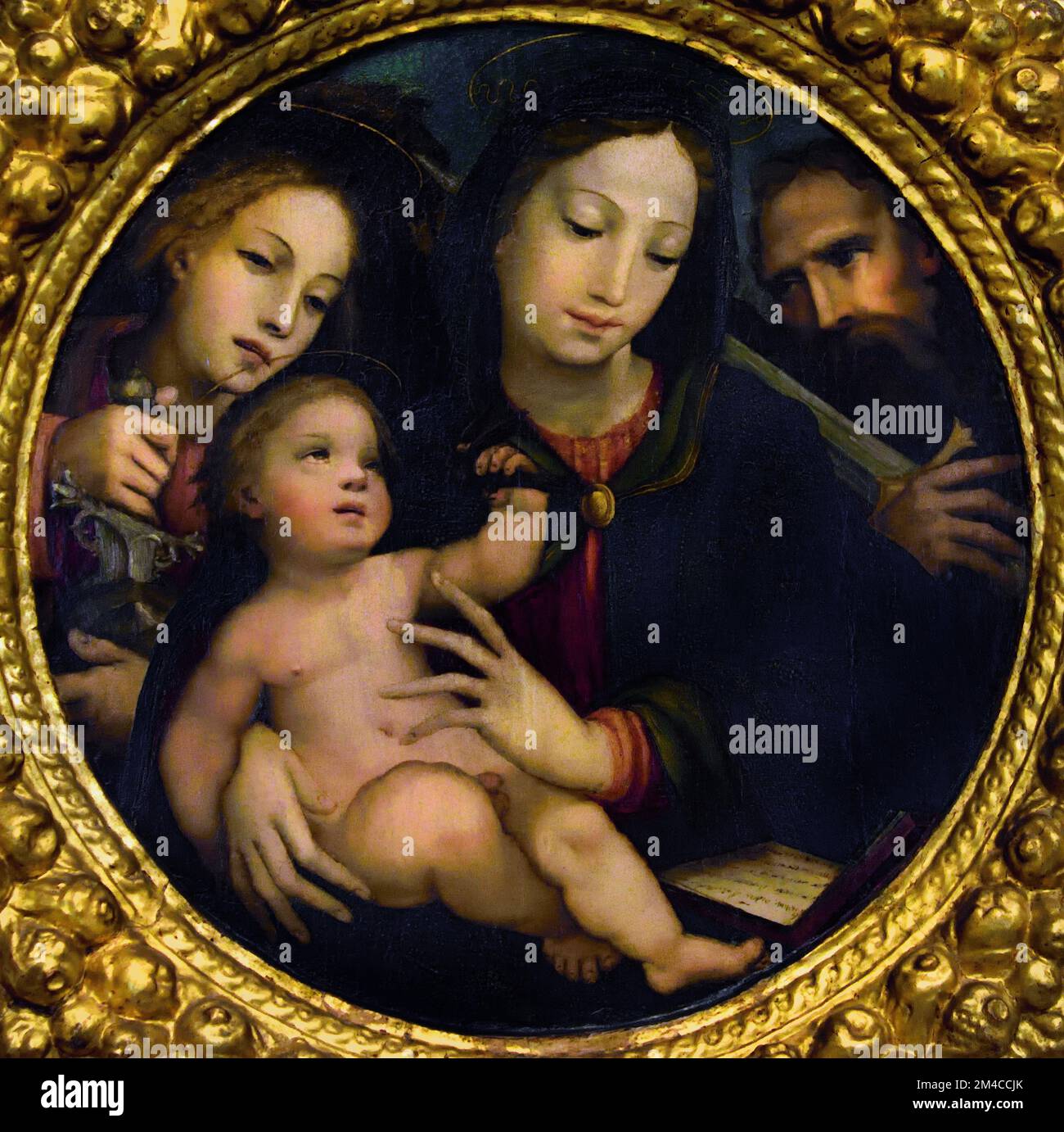 Madonna col Bambino ei Santi Galgano e Paolo - Madonna und Kind mit den Heiligen Galgano und Paul, von Paul Pino 1521-1582 , christliche Kunst, Italien, Italienisch. Stockfoto