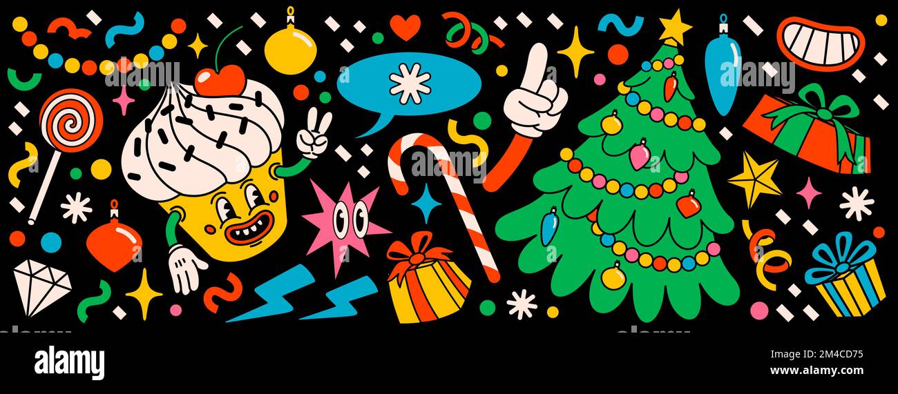 Frohe Weihnachten und ein frohes Neujahrspaket mit trendigen Retro-Cartoon-Figuren. Tolle Hippie-Weihnachtsaufkleber mit Weihnachtsbaum, Cupcake und Winter Stock Vektor