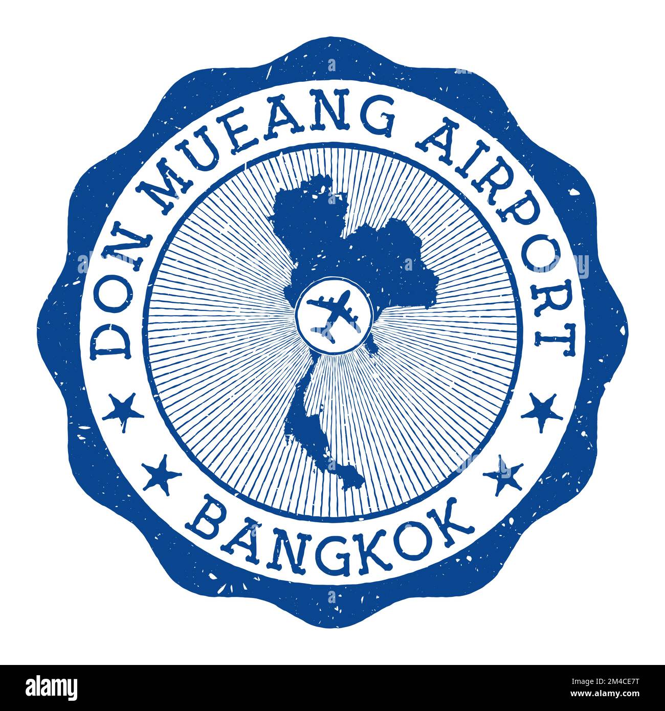 Don Mueang Flughafen Bangkok Stempel. Flughafen von Bangkok rundes Logo mit Lage auf der thailändischen Karte gekennzeichnet durch Flugzeug. Vektordarstellung. Stock Vektor