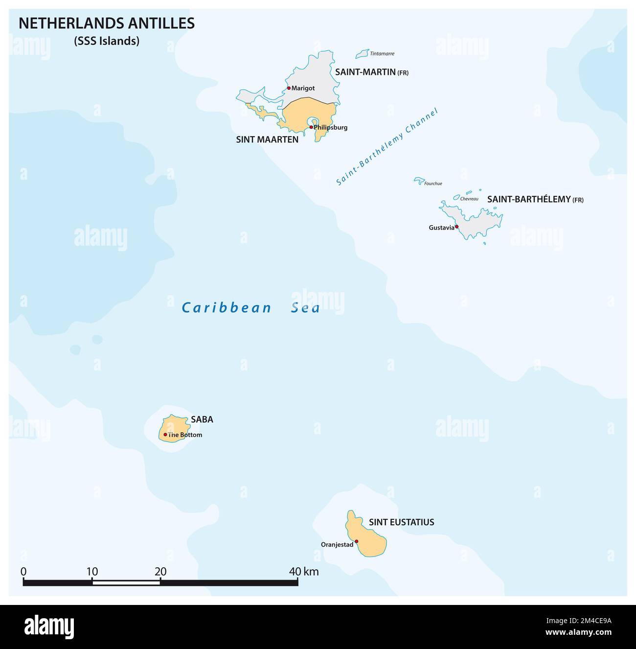 Vektorkarte der drei SSS-Inseln, Niederländische Antillen Stockfoto