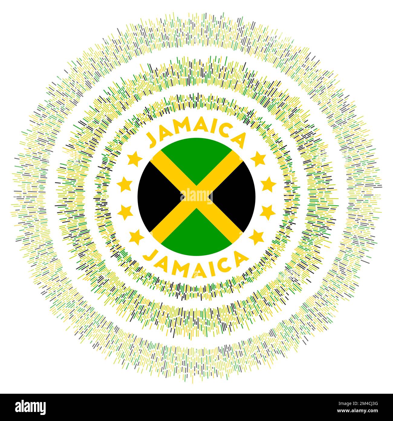 Jamaika-Symbol. Leuchtende Landflagge mit bunten Rochen. Glänzender Sonnenschein mit Jamaika-Flagge. Stilvolle Vektordarstellung. Stock Vektor