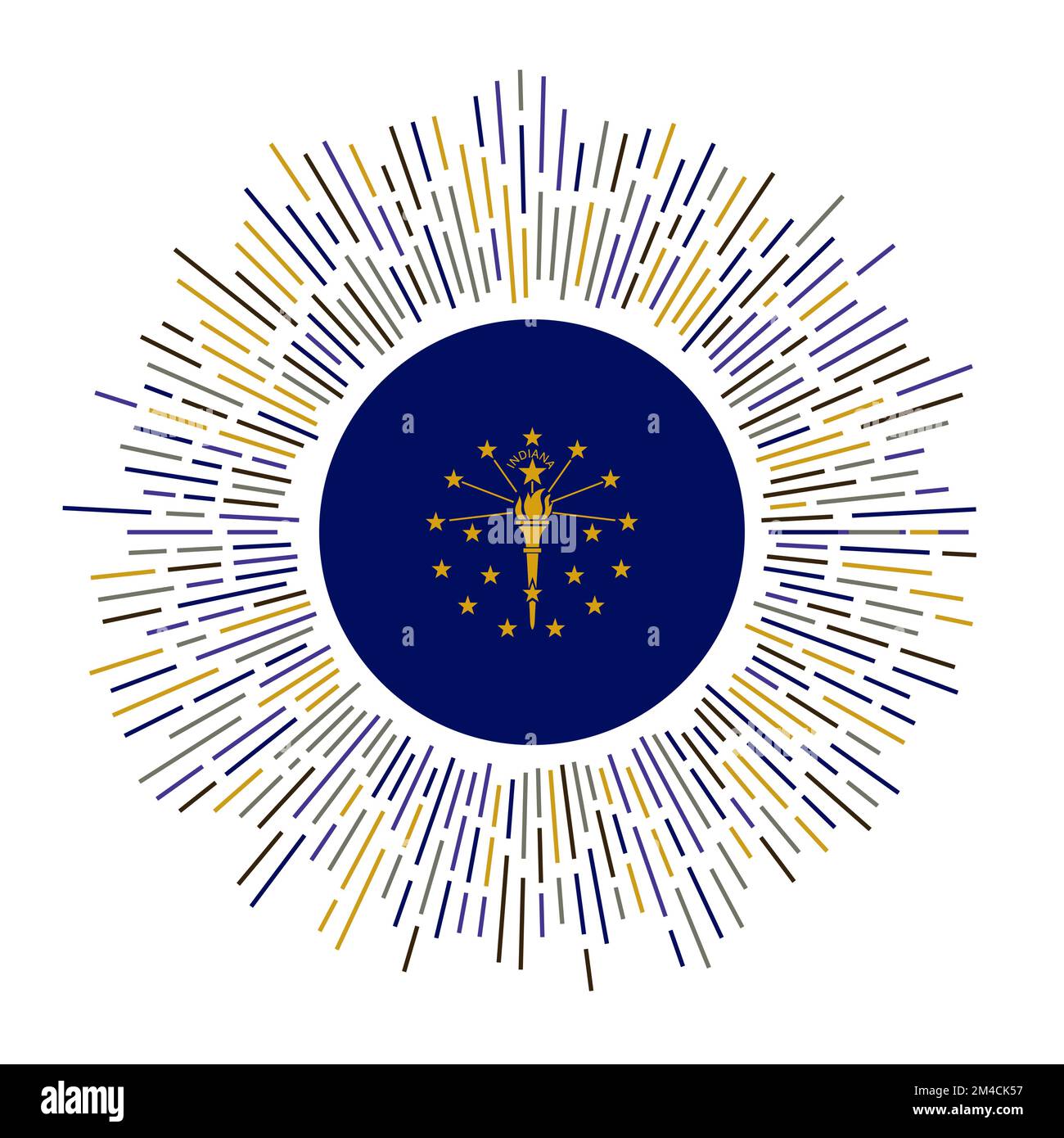 Indiana-Schild. US-Bundesflagge mit bunten Strahlen. Strahlender Sonnenaufgang mit Indiana-Flagge. Vektorabbildung. Stock Vektor