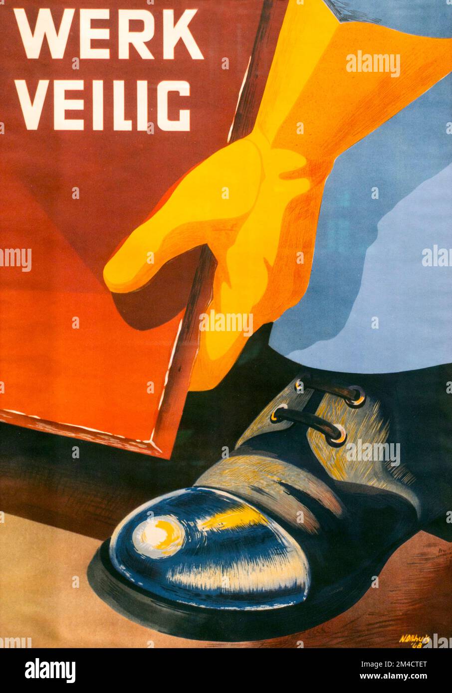 Vintage Belgier/Flämisch Sicherheitsposter, das die Verwendung von Stahlkappen-Stiefeln/Sicherheitsstiefeln/Stiefeln mit Stahlkappen/Sicherheitsschuhen für Arbeiter in der Fabrik fördert Stockfoto