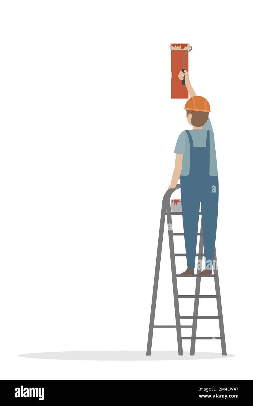 Arbeiter, der auf einer Trittleiter steht und die Wand streicht. Vektor. Stock Vektor