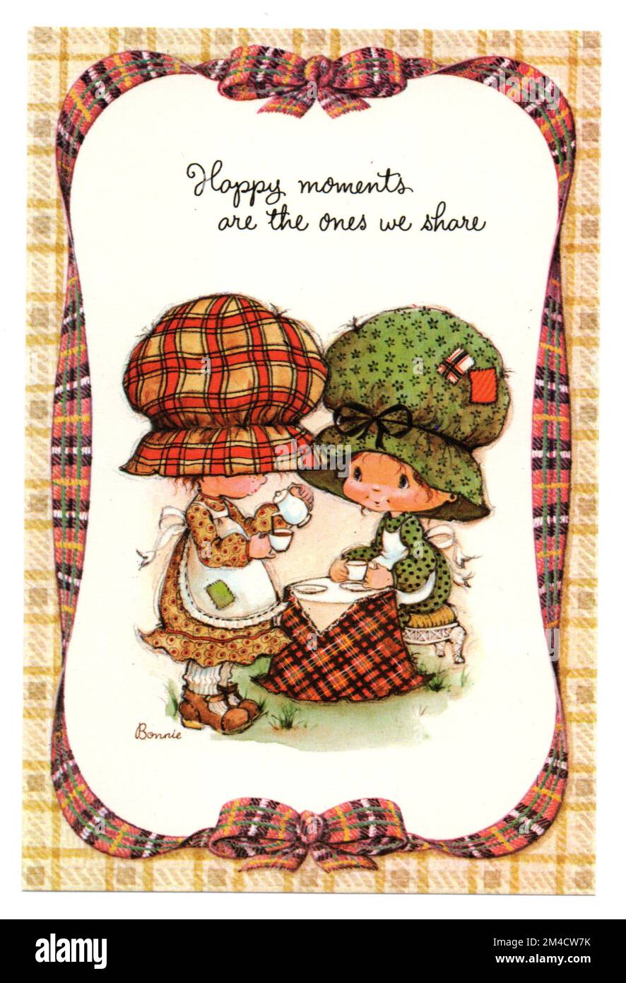 Bonny Bonnet - „Happy Moments are the Ones We Share“ von Raphael Tuck - 1890er Vintage Postkarte Stockfoto